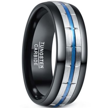 **COI Tungsten Carbide Black Blue Silver Grooves Dome Court Ring-7867