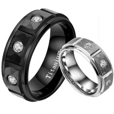 **COI Titanium Black/Silver Hammered Step Edges Ring With Cubic Zirconia-7887