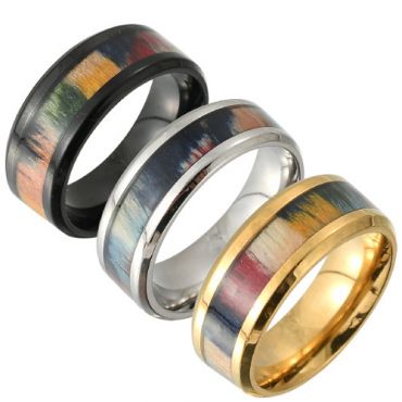 **COI Titanium Black/Gold Tone/Silver Beveled Edges Ring With Wood-7906
