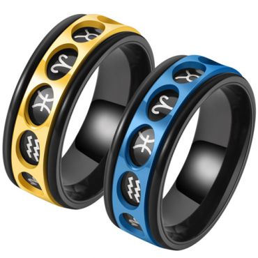 **COI Black Titanium Gold Tone/Blue Zodiac Sign Step Edges Ring-7907