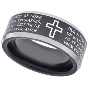 **COI Tungsten Carbide Black Silver Cross Prayer Beveled Edges Ring-7968AA