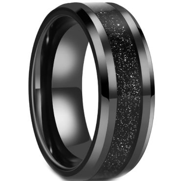 **COI Black Tungsten Carbide Crushed Opal Beveled Edges Ring-7980AA
