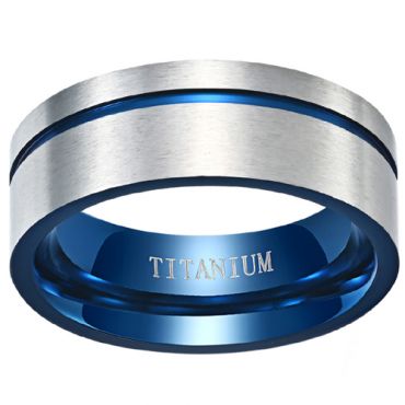 **COI Titanium Blue Silver Offset Groove Pipe Cut Flat Ring-8023AA