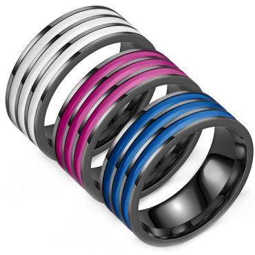 **COI Black Titanium Triple Grooves Ring With White/Purple/Blue Resin-8059AA