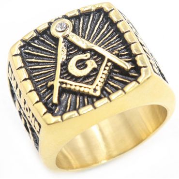 **COI Titanium Gold Tone Black Masonic Freemason Ring-8062AA