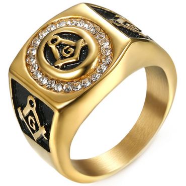 **COI Titanium Black Gold Tone Masonic Freemason Ring With Cubic Zirconia-8063AA