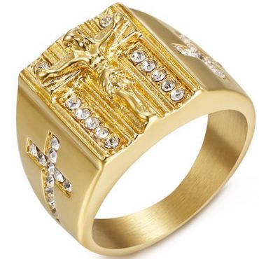 **COI Gold Tone Titanium Jesus Cross Ring With Cubic Zirconia-8067AA