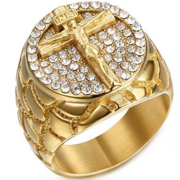 **COI Gold Tone Titanium Jesus Cross Ring With Cubic Zirconia-8069AA