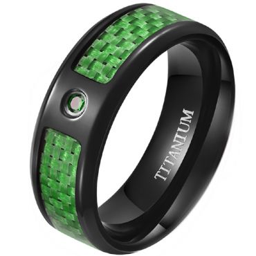 **COI Black Titanium Beveled Edges Ring With Green Carbon Fiber-8190AA