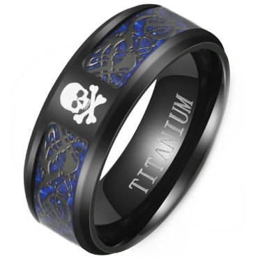 **COI Black Titanium Beveled Edges Ring With Dragon & Skulls-8196AA