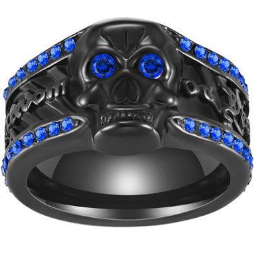 **COI Black Titanium Skull Ring With Created Blue Sapphire-8197AA