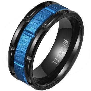**COI Titanium Black Blue Tire Tread Brick Pattern Ring-8200AA