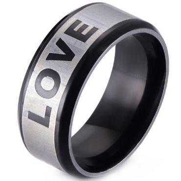 **COI Tungsten Carbide Black Silver Love Beveled Edges Ring-8268AA
