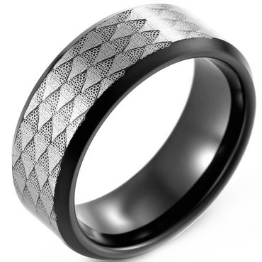 **COI Tungsten Carbide Black Silver Checkered Flag Sandblasted Beveled Edges Ring-8305AA