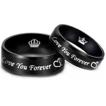 **COI Black Tungsten Carbide Love You Forever Double Hearts Beveled Edges Ring With Crown-8319AA