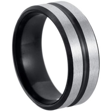*COI Titanium Black Silver Center Groove Beveled Edges Ring-3579