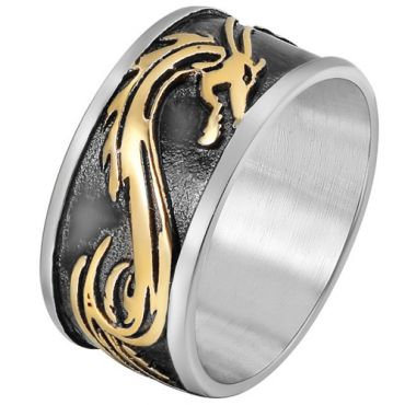 **COI Titanium Black Gold Tone Silver Dragon Pipe Cut Flat Ring-8334AA