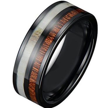 *COI Black Titanium Antler & Wood Pipe Cut Flat Ring - JT1598