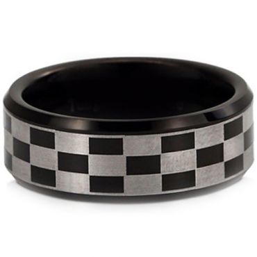 *COI Titanium Black Silver Checkered Flag Step Edges Ring - JT955