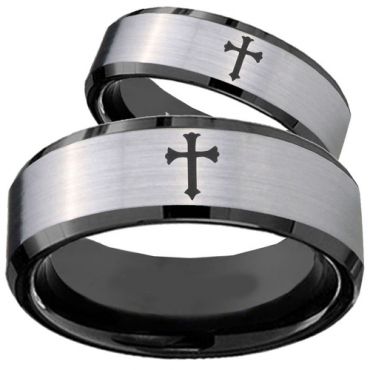 COI Tungsten Carbide Black Silver Cross Ring - TG1620BB