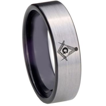 *COI Tungsten Carbide Black Silver Masonic Pipe Cut Ring - 2967