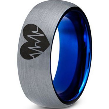 *COI Tungsten Carbide Blue Silver Heartbeat & Heart Ring-3977