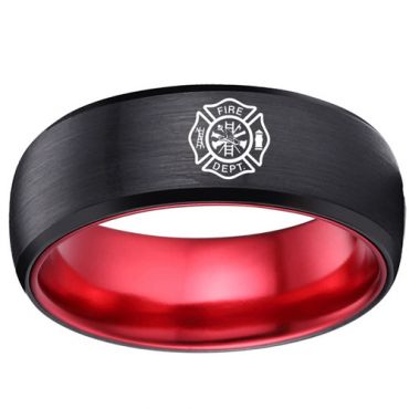 COI Tungsten Carbide Black Red Firefighter Dome Court Ring-4163