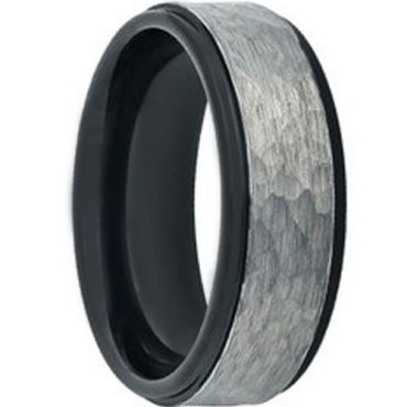 COI Titanium Black Silver Hammered Step Edges Ring - JT3822