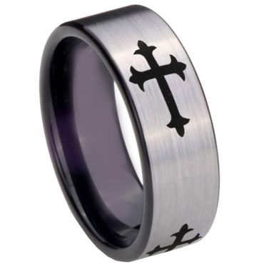 COI Tungsten Carbide Black Silver Cross Pipe Cut Ring-4669